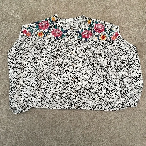 Oddy Women’s Black Spotted Button Down Oversized Blouse Floral Embroidery Medium - Picture 2 of 8